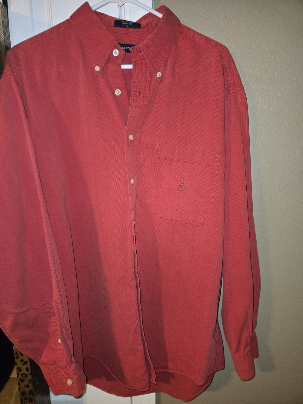 Vintage 90s Nautica Corduroy Shirt Mens L Brick Red 100% Cotton Hong Kong